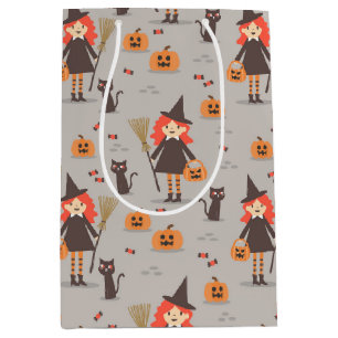 Halloween Cute Witch, Pumpkin, Black Cat Medium Gift Bag
