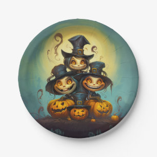 Halloween cute witches and pumpkins paper plate