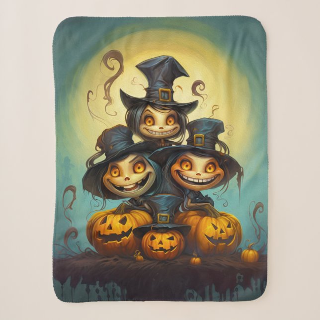 Halloween cute witches and pumpkins sherpa blanket (Front)