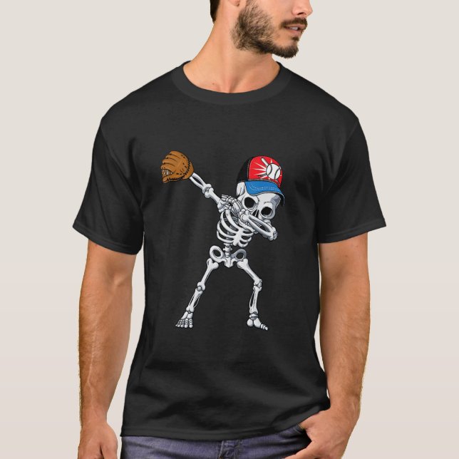 Halloween Dabbing Skeleton Baseball Player Catcher T-Shirt (Front)