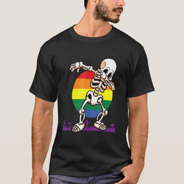 Halloween Dabbing Skeleton Lgbt Gay Pride Hallowee T-Shirt (Front)