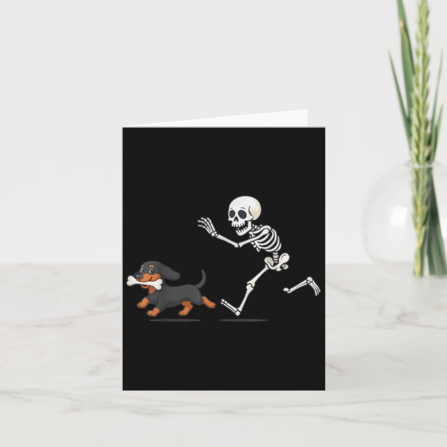 Halloween Dachshund Funny Skeleton Chasing Dog Men Card (Front)