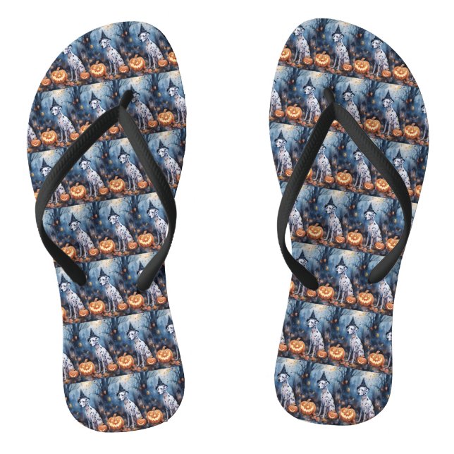 Halloween Dalmation With Pumpkins Scary Flip Flops (Footbed)