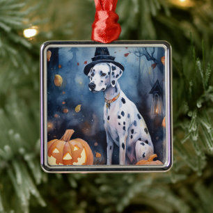 Halloween Dalmation With Pumpkins Scary Metal Ornament