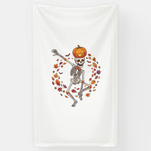 Halloween Dancing Skeleton Pumpkin Head Autumn Lea Banner
