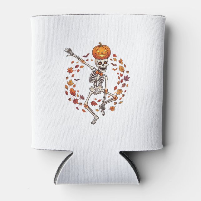 Halloween Dancing Skeleton Pumpkin Head Autumn Lea Can Cooler (Front)