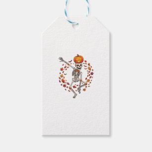Halloween Dancing Skeleton Pumpkin Head Autumn Lea Gift Tags