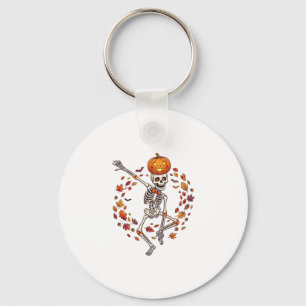 Halloween Dancing Skeleton Pumpkin Head Autumn Lea Keychain