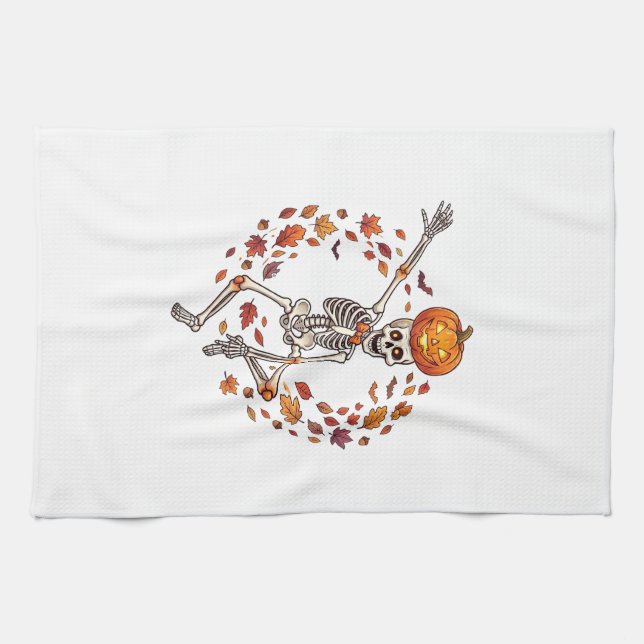 Halloween Dancing Skeleton Pumpkin Head Autumn Lea Kitchen Towel (Horizontal)