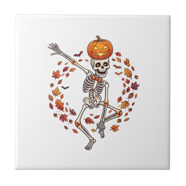 Halloween Dancing Skeleton Pumpkin Head Autumn Lea Tile (Front)
