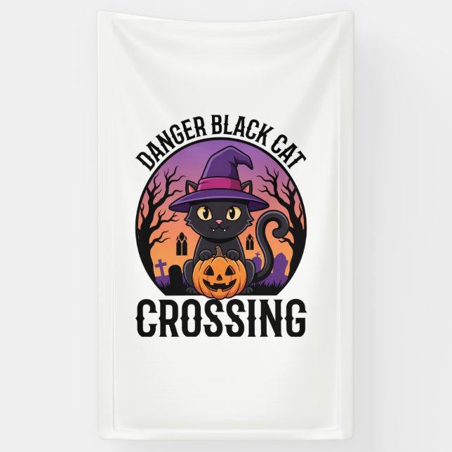 Halloween Danger Black Cat Crossing Banner (Vertical)