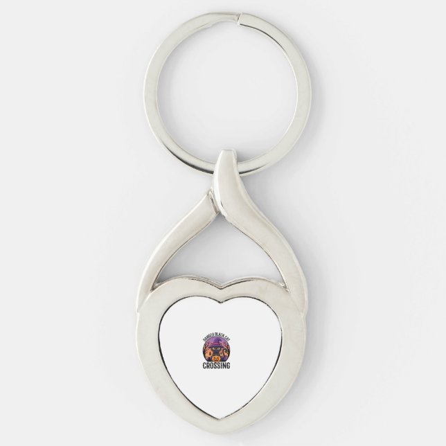 Halloween Danger Black Cat Crossing Keychain (Front)