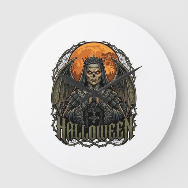 Halloween Demon Nun Crown Wings Orange Moon_1 Large Clock (Front)