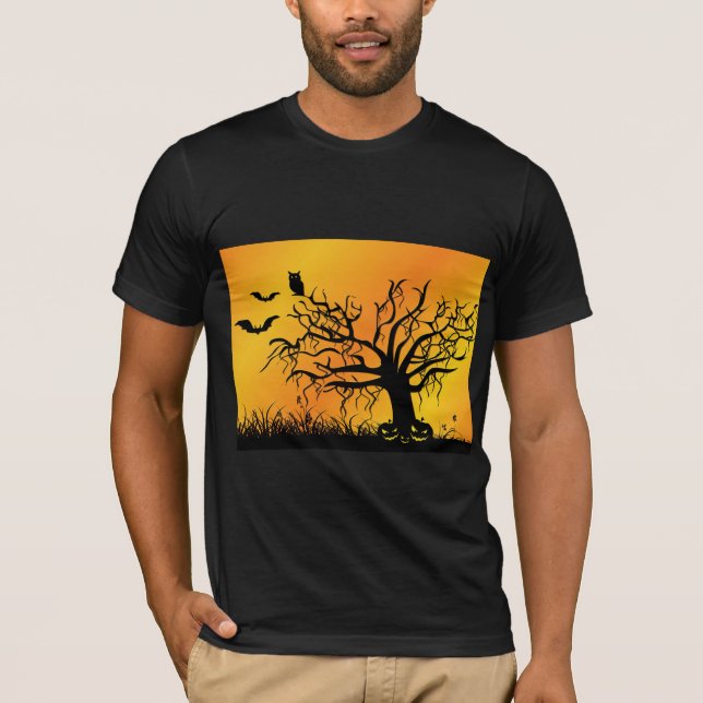 Halloween Design with Bats, Tree and Pumpkins T-Shirt (Front)