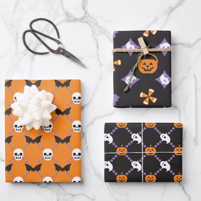 Halloween Designer Fun, Skulls & Pumpkins Wrapping Paper Sheet (Front)
