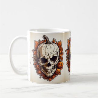Halloween designer skull with leaf coffee mug