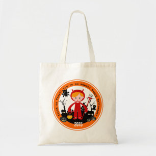 Halloween devil kid goes trick or treating tote bag