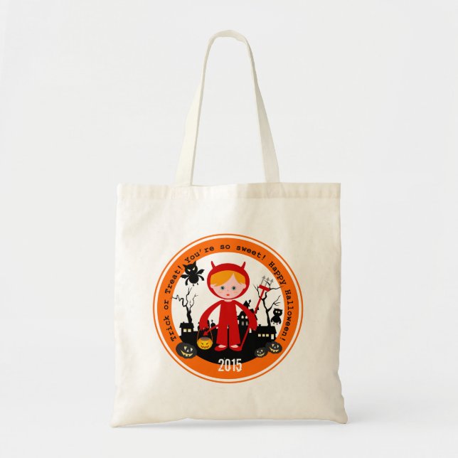 Halloween devil kid goes trick or treating tote bag (Front)