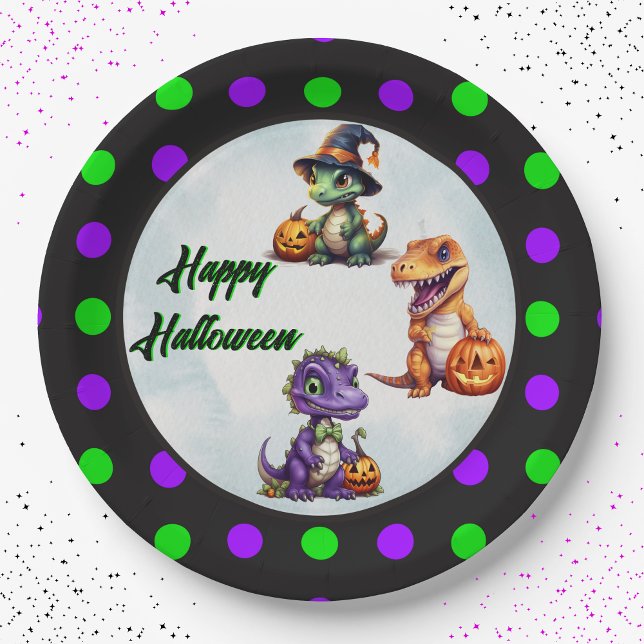 Halloween Dinosaur Dino-Mash Party Paper Plate (Super cute 3 dino Happy Halloween polka dot paper party plates!)