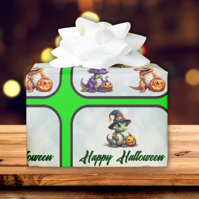 Halloween Dinosaur Dino-Mash Party Wrapping Paper (Halloween Dino Wrapping Paper with green trim and font)