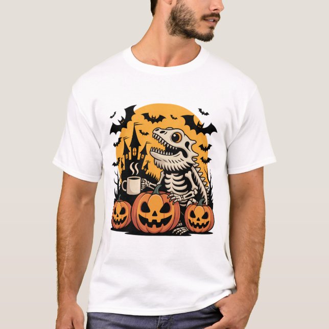 Halloween Dinosaur Skeleton with Coffee T-Shirt (Front)