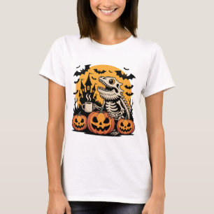 Halloween Dinosaur Skeleton with Coffee T-Shirt