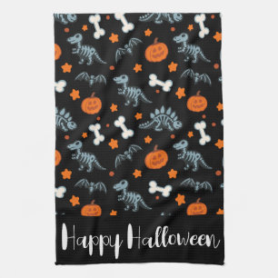 Halloween Dinosaur Skeletons Bats & Pumpkins Kitchen Towel