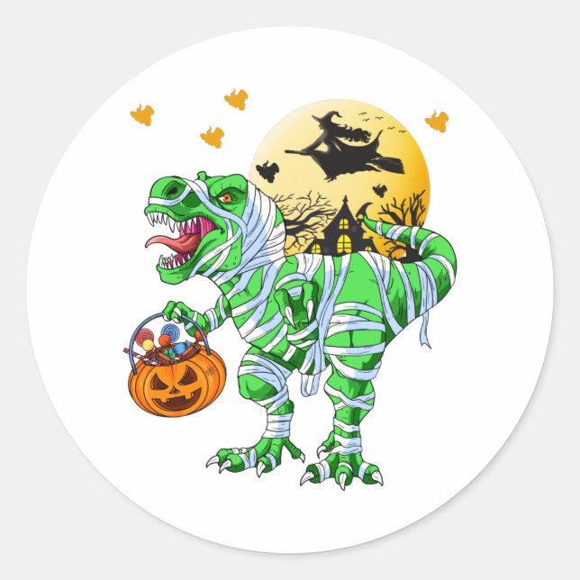 Halloween Dinosaur T Rex Mummy Pumpkin Classic Round Sticker (Front)