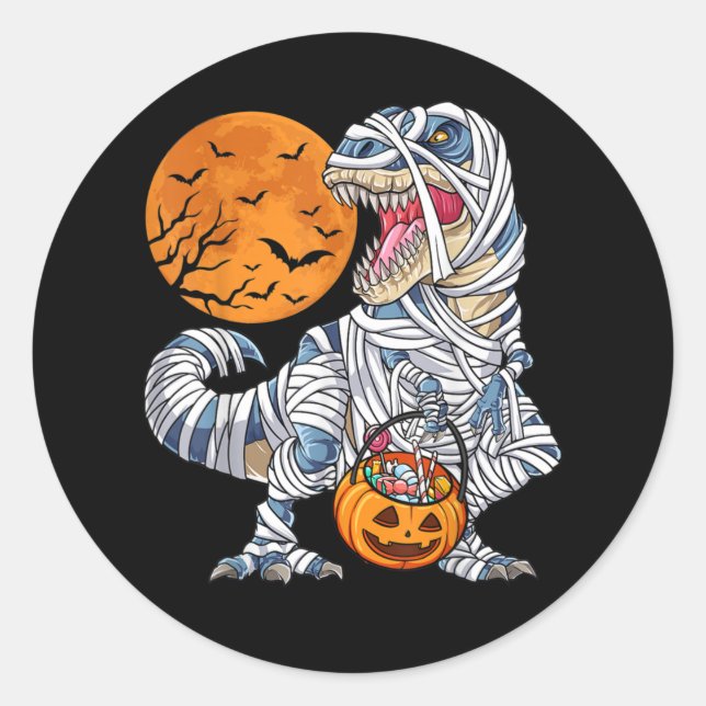 Halloween Dinosaur T rex Mummy Pumpkin Classic Round Sticker (Front)