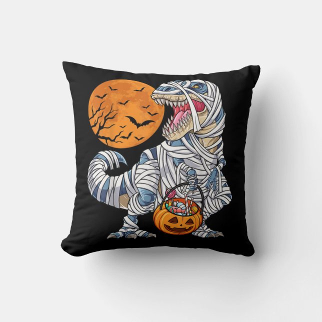 Halloween Dinosaur T rex Mummy Pumpkin Throw Pillow (Front)