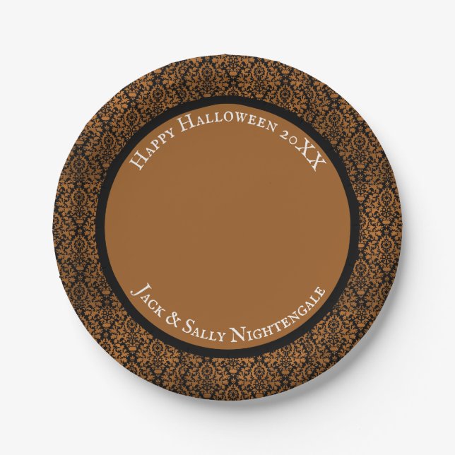 Halloween Distressed Victorian Orange Black Damask Paper Plate (Front)