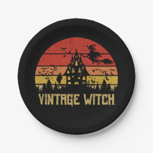 Halloween Distressed Vintage Witch Retro Sunset Paper Plate