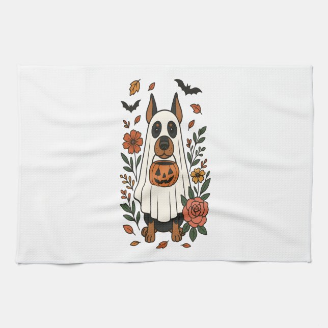 Halloween Doberman Pinscher Flowers Kitchen Towel (Horizontal)