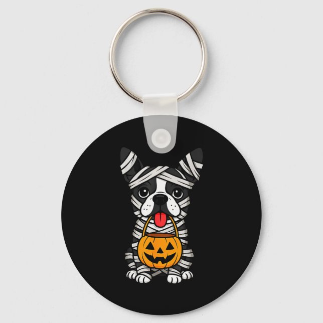 Halloween Dog Boston Terrier Mummy Costume Men Wom Keychain (Front)