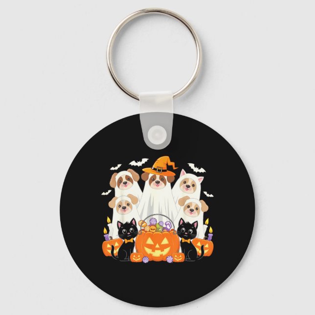 Halloween Dog Dressed As Ghost Halloween Dog Funny Keychain (Front)