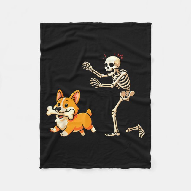 Halloween Dog Funny Skeleton Chasing Corgi Dog Fleece Blanket (Front)