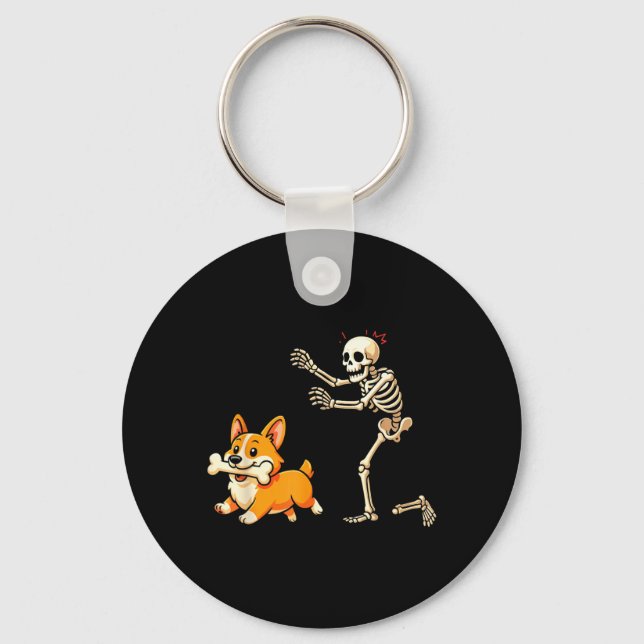 Halloween Dog Funny Skeleton Chasing Corgi Dog Keychain (Front)