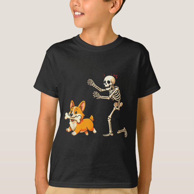 Halloween Dog Funny Skeleton Chasing Corgi Dog T-Shirt (Front)