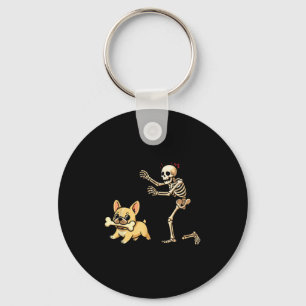 Halloween Dog Funny Skeleton Chasing French Bulldo Keychain
