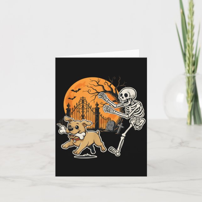 Halloween Dog Funny Skeleton Chasing Graveyard Card (Front)