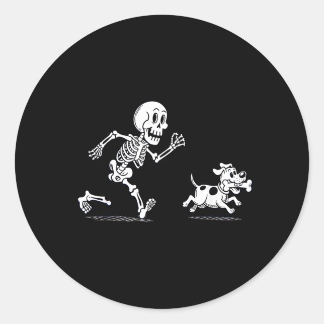 Halloween Dog Funny Skeleton Skeleton Chasing Dog Classic Round Sticker (Front)