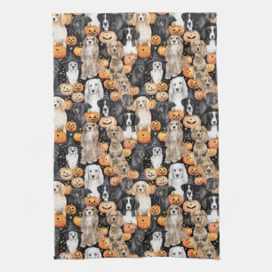 Halloween Dog Party - Cute Dog Breeds with Pumpkin Kitchen Towel