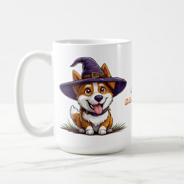 Halloween Dog Wearing a Witch Hat Coffee Mug (Left)