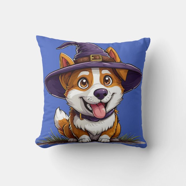 Halloween Dog Wearing a Witch Hat Throw Pillow (Front)