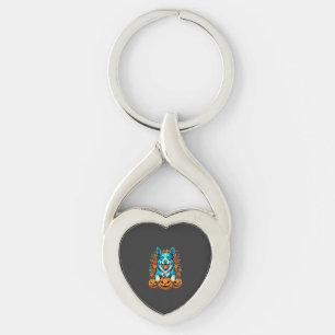 Halloween Dog With Jack O Lantern Pumpkins_1 Keychain