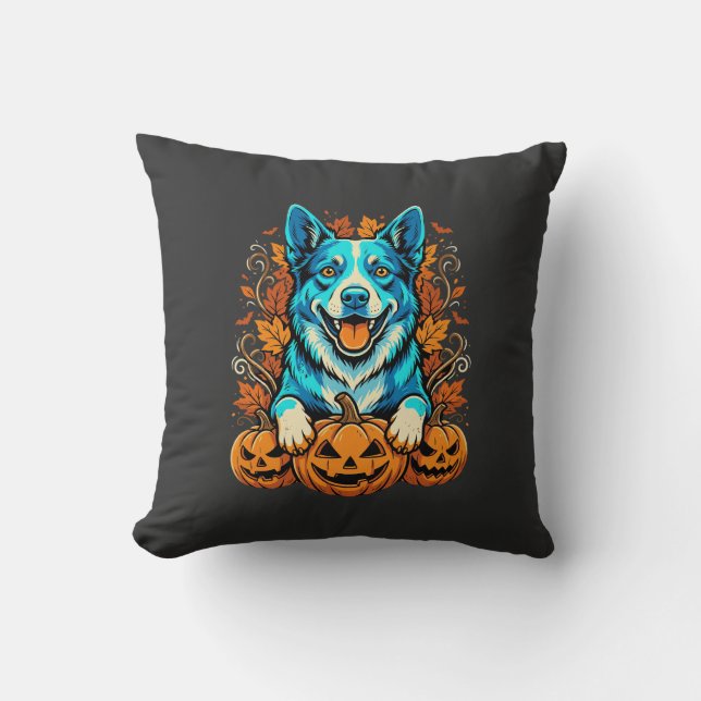 Halloween Dog With Jack O Lantern Pumpkins_1 Throw Pillow (Front)
