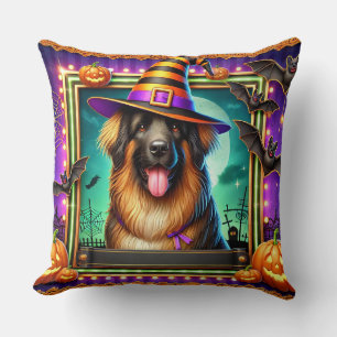 Halloween Dog With Witch Hat Throw Pillow
