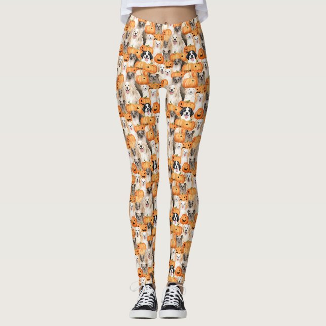 Halloween Dogs - Cute Dog Breeds with Pumpkin 2 Leggings (Front)