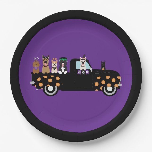 Halloween Dogs In A Pickup Truck Paper Plate (Front)
