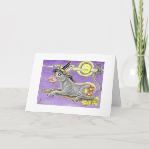 Halloween Donkey Witch and Flying Broom Card